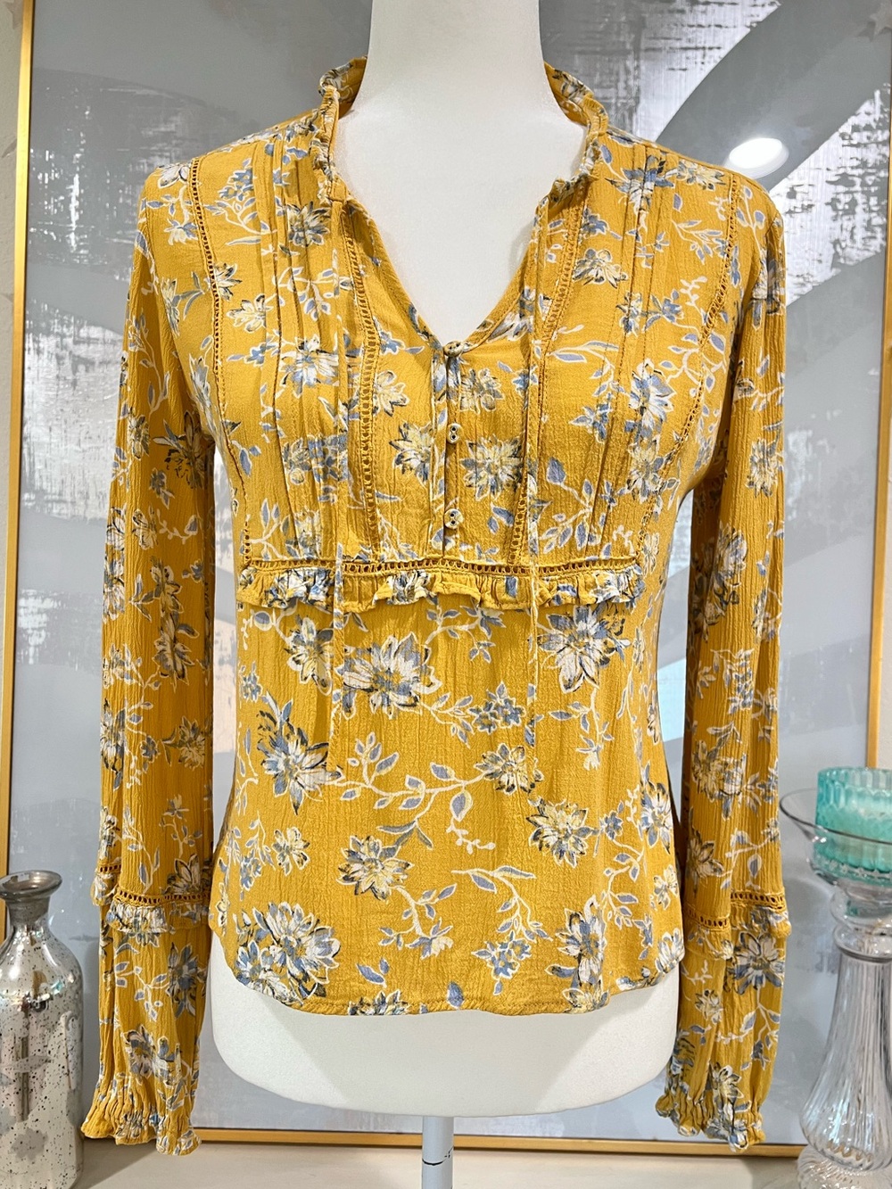 American Rag brand Mustard Floral Button-Front Women's Top M